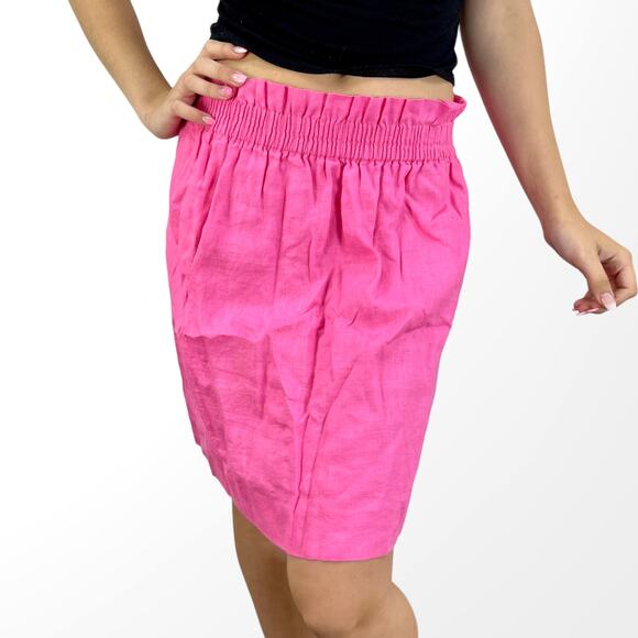00s J CREW Vintage Pink Linen Stretch Waist Paper Bag Skirt - Picture 2 of 10